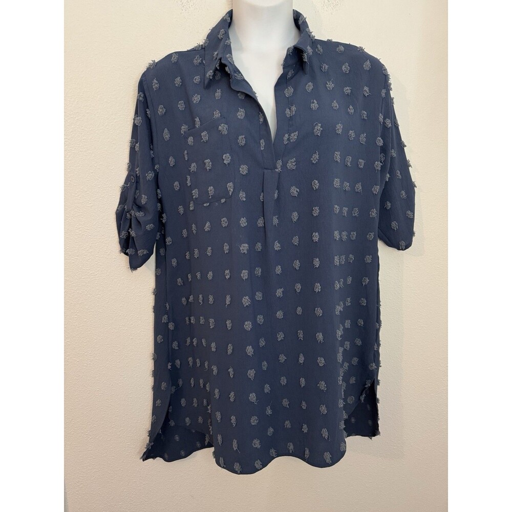 Blooming Jelly Dress Womens Blue Textured Swiss Dot Roll Tab Sleeve XL Boho